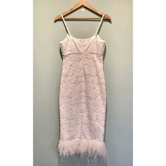 Likely Mari White Midi Dress Sz 4 Sleeveless Lace Feathers Empire Waist - Picture 6 of 9